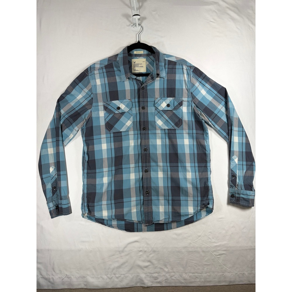 American Eagle Button Down Men Large Blue Plaid Excellent Athletic Fit Shirt